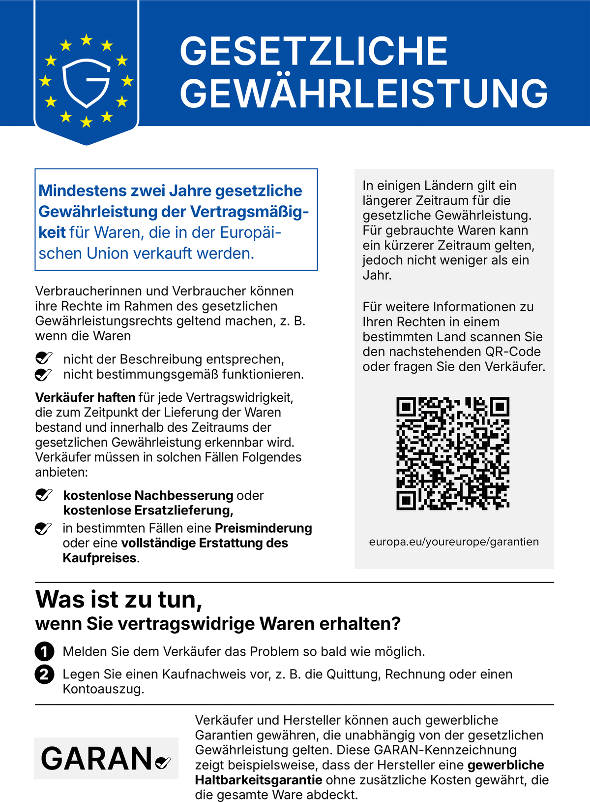 Hinweis zur gesetzlichen Gewährleistung: Für Waren, die in der Europäischen Union verkauft werden, gilt eine gesetzliche Gewährleistung von mindestens zwei Jahren. Bei vertragswidrigen Waren haben Sie Anspruch auf kostenlose Nachbesserung oder Ersatzlieferung, in bestimmten Fällen auf Preisminderung oder Erstattung des Kaufpreises.